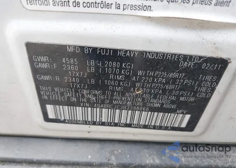 2011 Subaru Outback 2.5I Limited from USA, damaged, VIN 4S4BRCJC3B3398066